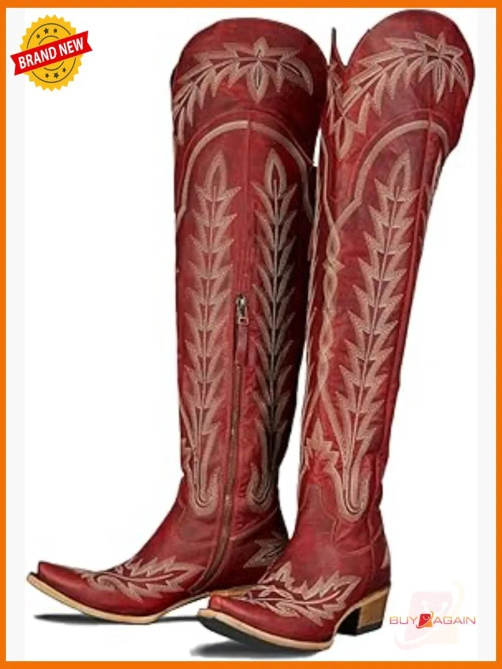 Over the Knee Cowboy Boots with Embroidery Chunky Heel Side Zipper